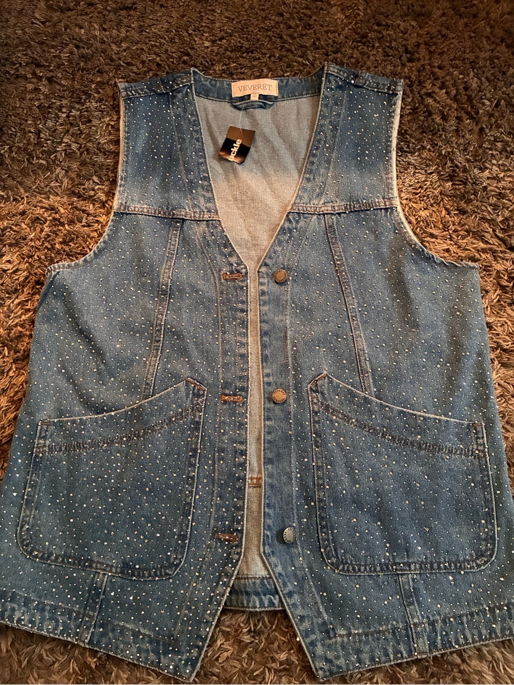 Veveret Rhinestone Oversized Denim Vest